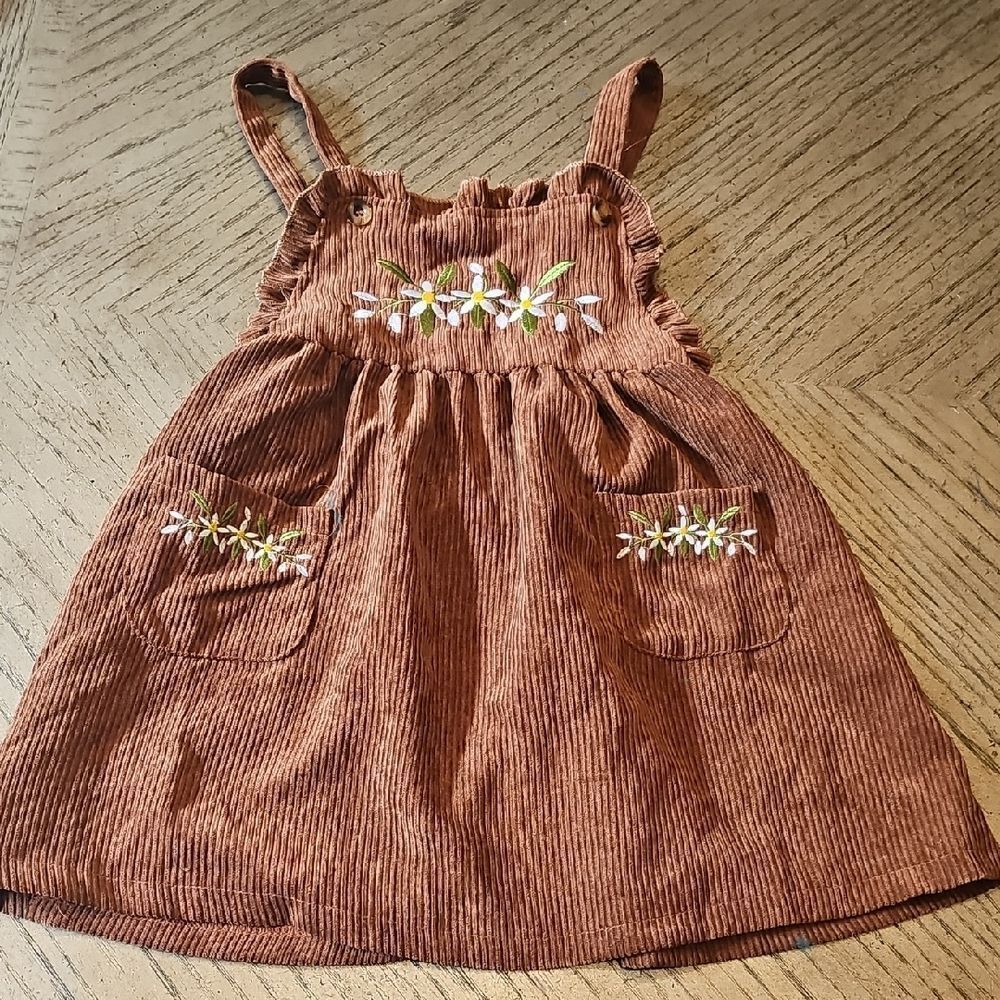 Brown Corduroy Dress with Floral Embroidery Size 4-5